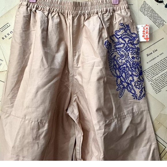 Free People Movement Baller Embroidery Pant Cotton Sheeting Tan Sand Blue - Picture 6 of 7